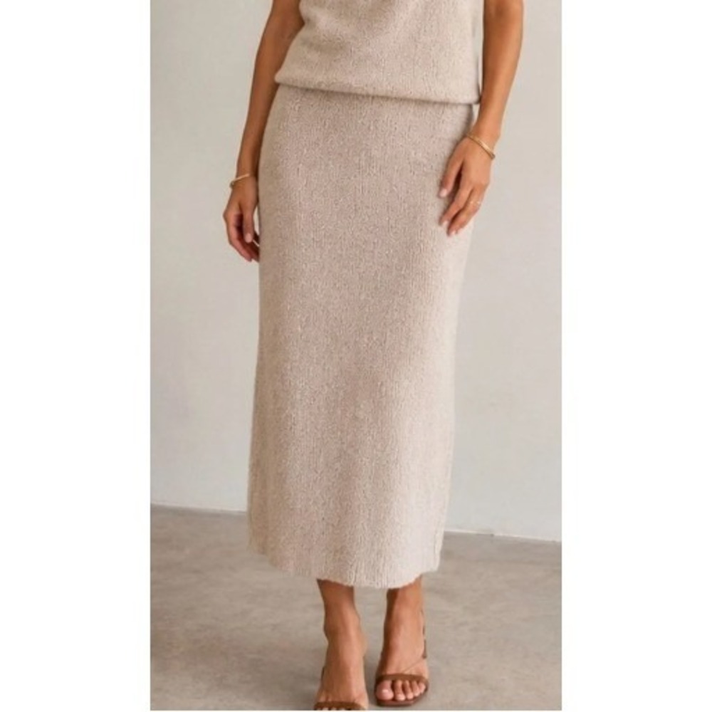 Rachel Zoe Boucle Knit Midi Skirt Womens M Beige Stretch Pull On Business Chic
